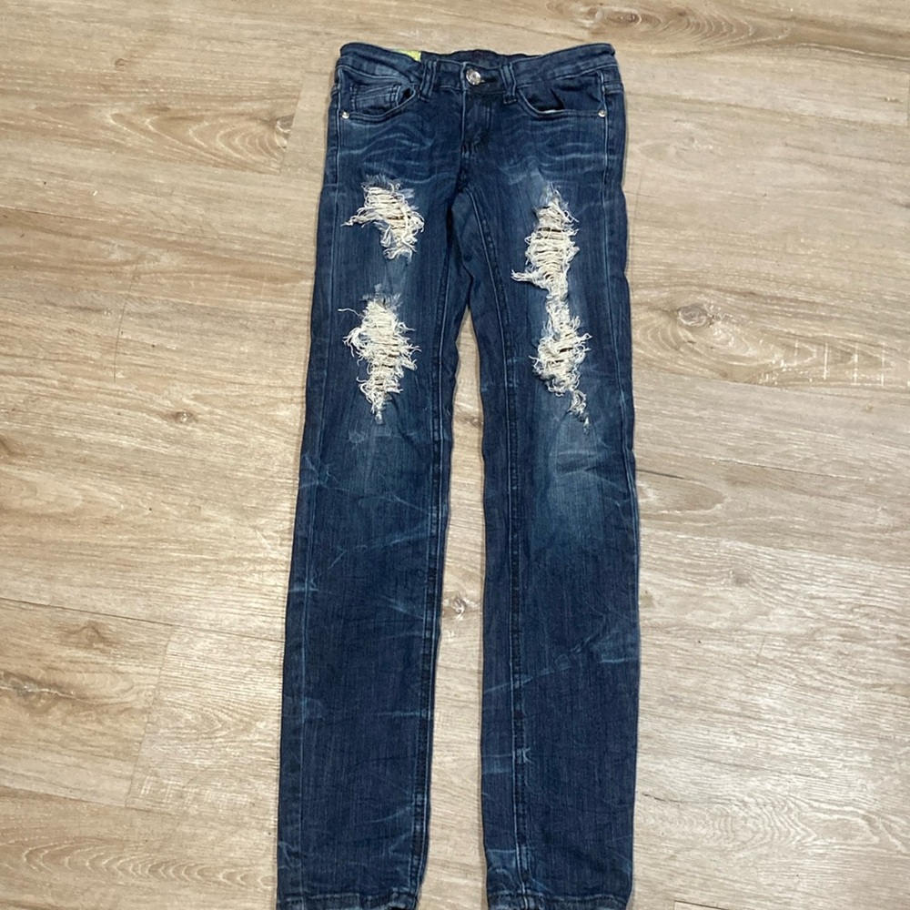 Machine Distressed Blue Jeans